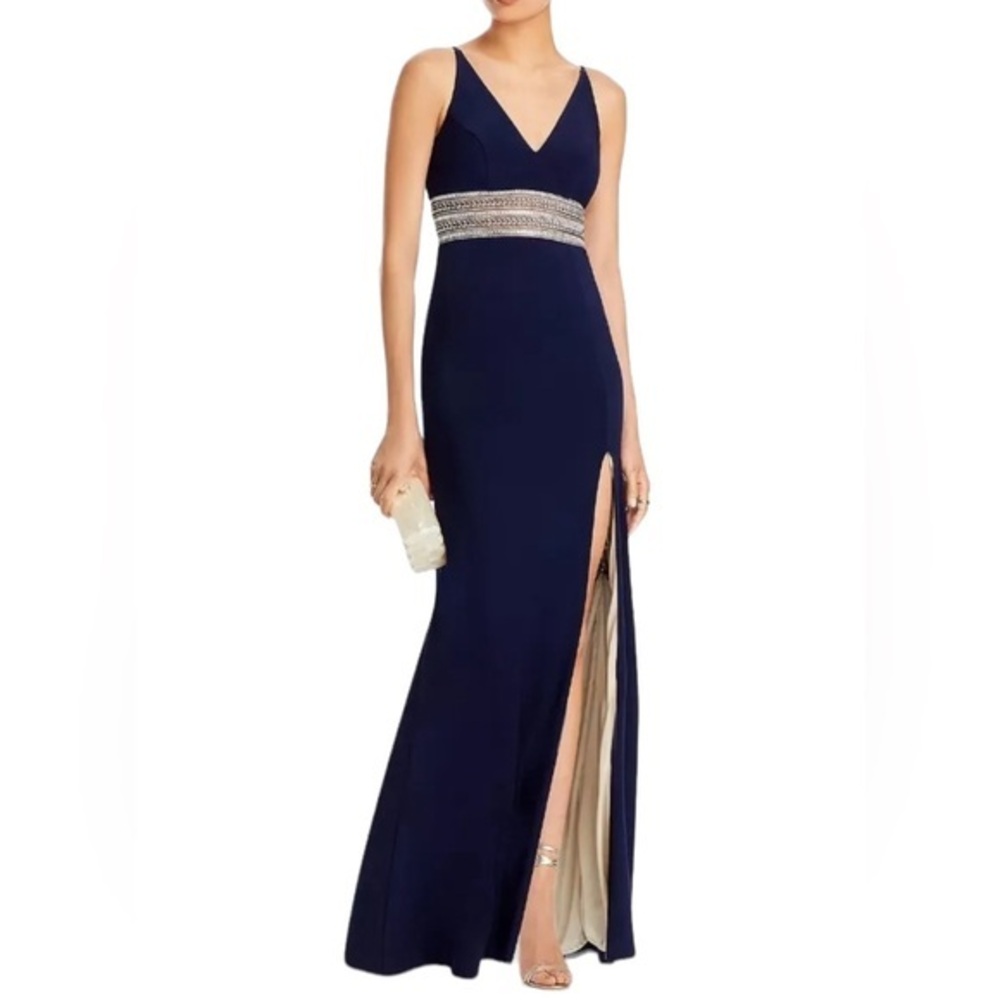 NEW AQUA BLOOMINGDALES GEM RHINESTONE EMBELLISHED VNECK NAVY BLUE EVENING GOWN 2